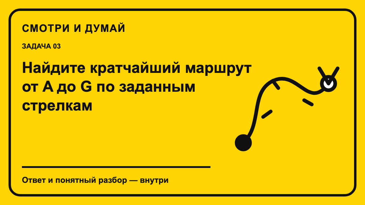 Обложка материала «Найдите кратчайший маршрут от A до G по заданным стрелкам» в фирменном жёлто-чёрном стиле «Смотри и думай».